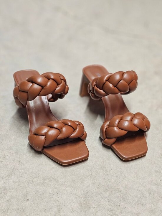 Shoes - Braided Brown Block Heel Sandals With Square Toe Womens Stylish Open-Toe Slip-On